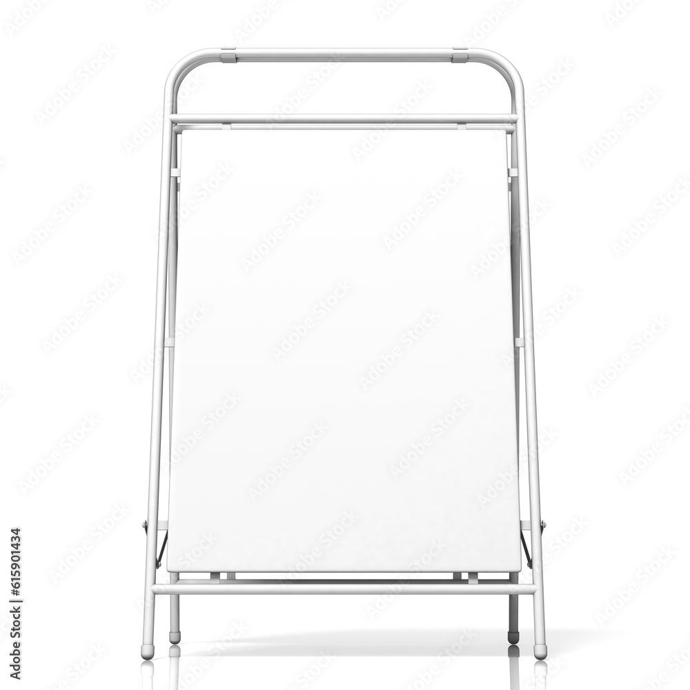 Metal advertising stand, with copy space board. Front view. 3D illustration isolated on white background Metal advertising stand, with copy space board. Front view. 3D illustration isolated on white background