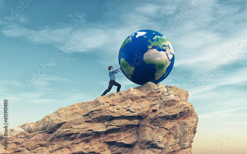 Man pushing a big earth globe to the top of the mountain.  Success concept. This is a 3d render illustration