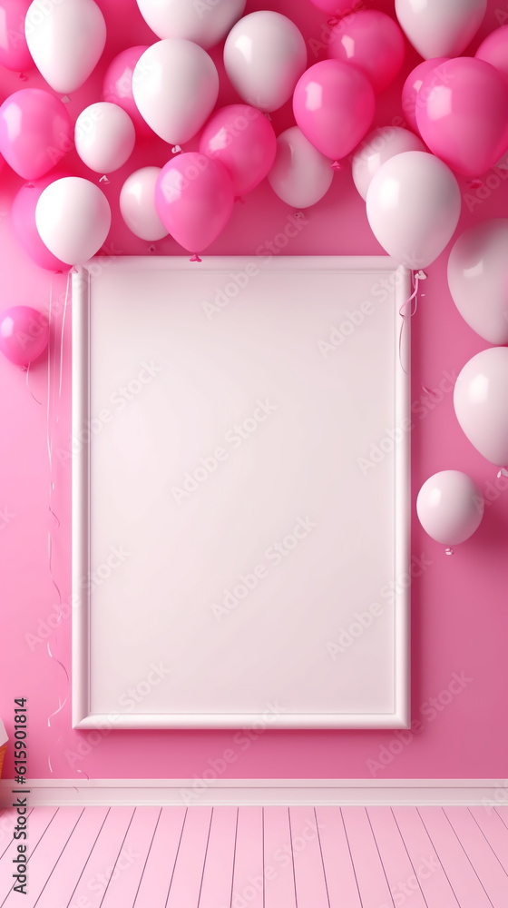 Festive Empty white picture frame mockup hanging on wall with balloon background for birthday or celebration date. Art, poster display banner for ecommerce marketing. Generative AI