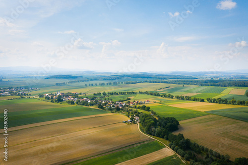Drone view of beautiful, countryside landscape. Bobolice, aerial view of polish village, Lower Silesian landscape.
