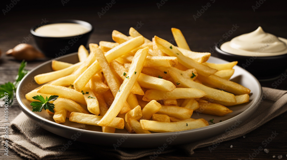 A plate of crispy french fries, perfectly seasoned and accompanied by a creamy dip sauce A plate of crispy french fries, perfectly seasoned and accompanied by a creamy dip sauce