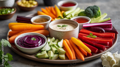 A plate of colorful and crisp vegetable crudités with a variety of dipping sauces