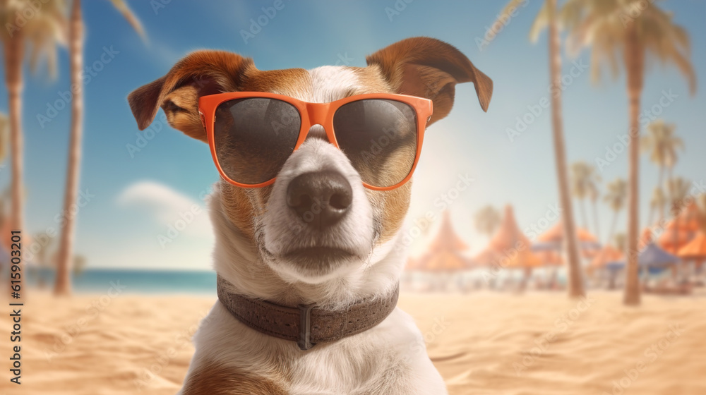 Naklejka premium Jack Russell Terrier dog in sunglasses on the background of the sea and palm trees. Summer vacation and travel concept. AI generation