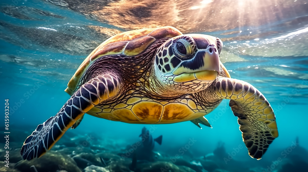 Obraz premium Close-up of an insanely realistic green sea turtle (Generative AI)