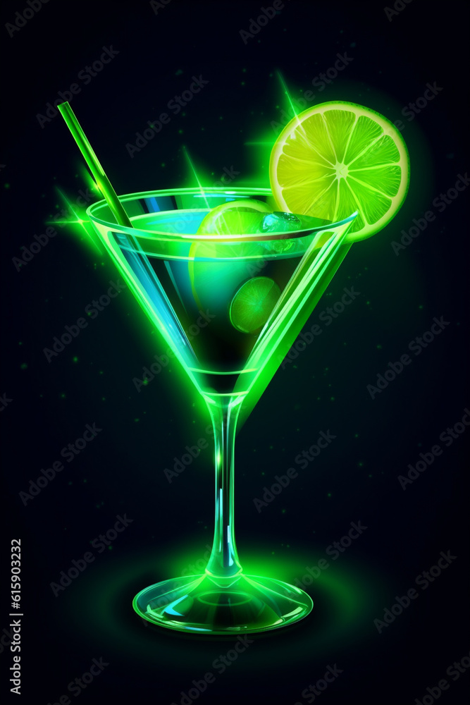 Cocktail Drink im kleinen Cocktailglas mit Limetten Lime und Strohhalm in Neonfarben und Neonlicht. Hochkant. Hochformat. Generative Ai. Cocktail Drink im kleinen Cocktailglas mit Limetten Lime und Strohhalm in Neonfarben und Neonlicht. Hochkant. Hochformat. Generative Ai.