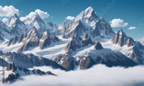 landscape with mountains in snow under blue sky