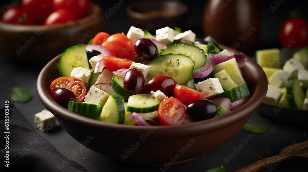 A bowl of refreshing Greek salad, consisting of cucumbers, tomatoes, olives, and feta cheese A bowl of refreshing Greek salad, consisting of cucumbers, tomatoes, olives, and feta cheese
