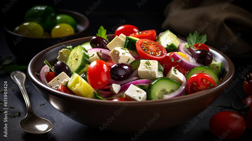 A bowl of refreshing Greek salad, consisting of cucumbers, tomatoes, olives, and feta cheese A bowl of refreshing Greek salad, consisting of cucumbers, tomatoes, olives, and feta cheese