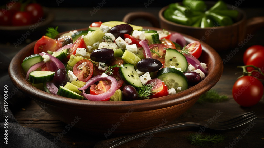 A bowl of refreshing Greek salad, consisting of cucumbers, tomatoes, olives, and feta cheese