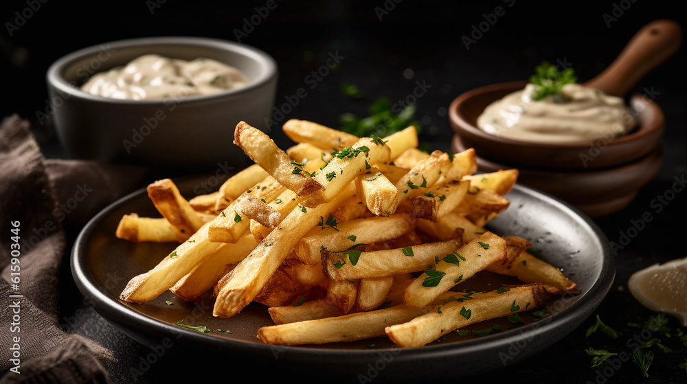 A plate of crispy french fries, perfectly seasoned and accompanied by a creamy dip sauce A plate of crispy french fries, perfectly seasoned and accompanied by a creamy dip sauce