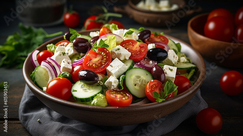 A bowl of refreshing Greek salad, consisting of cucumbers, tomatoes, olives, and feta cheese © Milan