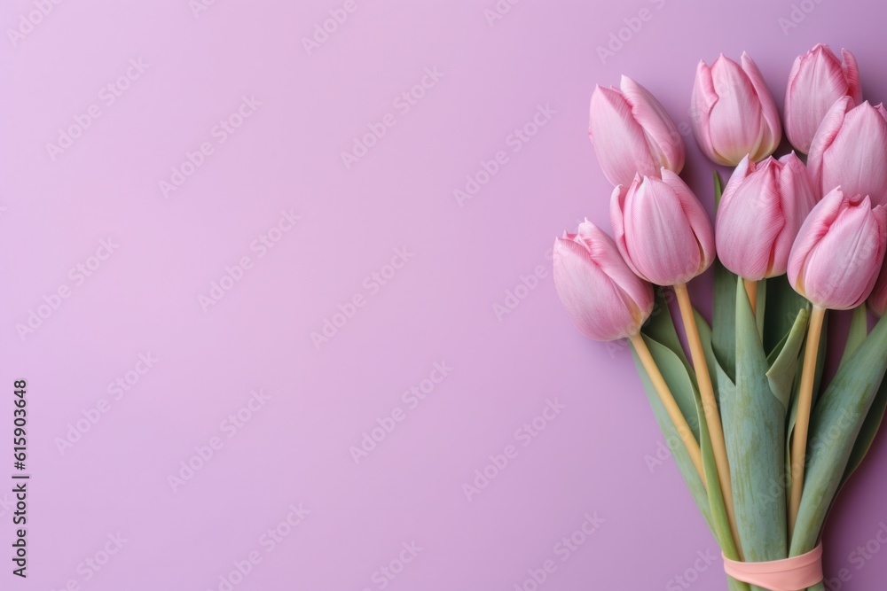 Obraz premium Purple background with tulips. Illustration AI Generative.