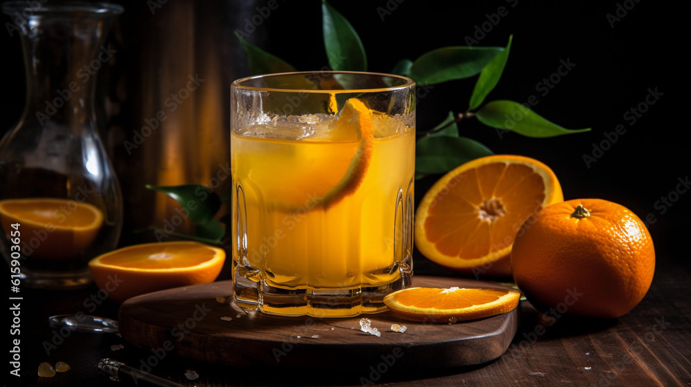 A glass of freshly squeezed orange juice, garnished with fresh orange slices A glass of freshly squeezed orange juice, garnished with fresh orange slices