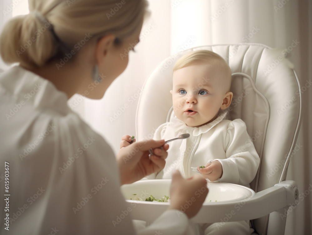 Positive young mother feeds the baby from a spoon. Baby's first food. Mom feeds a child with a spoon in a bright room. Positive young mother feeds the baby from a spoon. Baby's first food. Mom feeds a child with a spoon in a bright room.