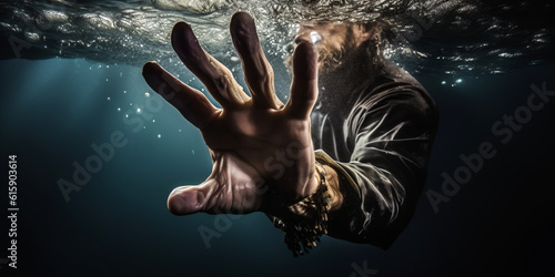 Stunning hand of diver breaking water surface, evoking thrill of underwater exploration while staying connected to the world above. Ideal for adventurous visuals. Generative AI