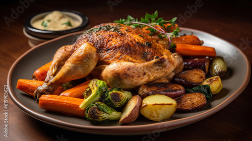 A plate of deliciously aromatic garlic roasted chicken, accompanied by sautéed vegetables