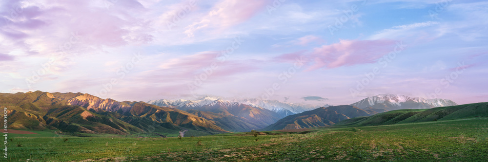 Steppe and mountains panoramic view under a pink sunset sky