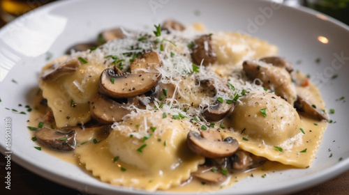 A plate of hearty mushroom ravioli in a creamy sauce, garnished with fresh Parmesan and herbs