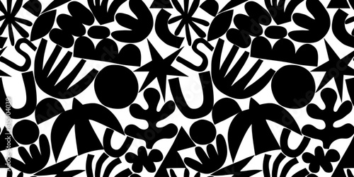 Abstract modern art seamless pattern with black and white doodles. Organic flat cartoon background, simple summer shapes in childish style. 