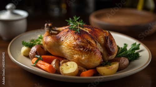 A plate of deliciously aromatic garlic roasted chicken, accompanied by sautéed vegetables