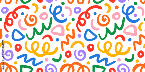 Fun colorful line doodle seamless pattern. Creative minimalist style art background for children or trendy design with basic shapes. Simple party confetti texture, childish scribble shape backdrop.