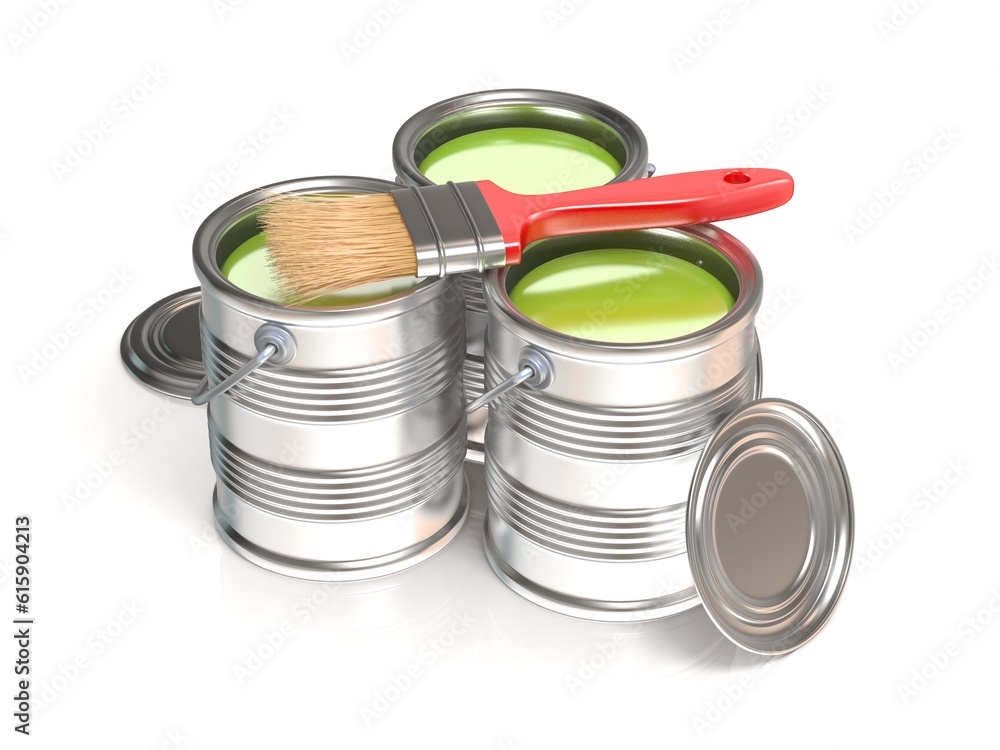 Metal tin cans with green paint and paintbrush. 3D render illustration isolated on white background Metal tin cans with green paint and paintbrush. 3D render illustration isolated on white background