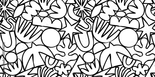 Abstract modern art seamless pattern with black and white doodles. Organic flat cartoon background, simple summer shapes in childish style. 