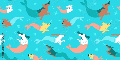 Funny dog mermaid swimming underwater cartoon seamless pattern in flat illustration style. Cute summer puppy pet group in beach background texture. Under water sea dogs wallpaper print.