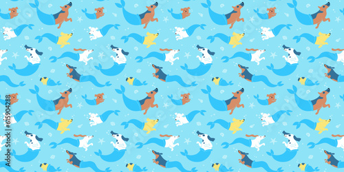 Funny dog mermaid swimming underwater cartoon seamless pattern in flat illustration style. Cute summer puppy pet group in beach background texture. Under water sea dogs wallpaper print.