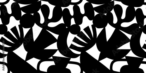 Abstract modern art seamless pattern with black and white doodles. Organic flat cartoon background, simple summer shapes in childish style. 