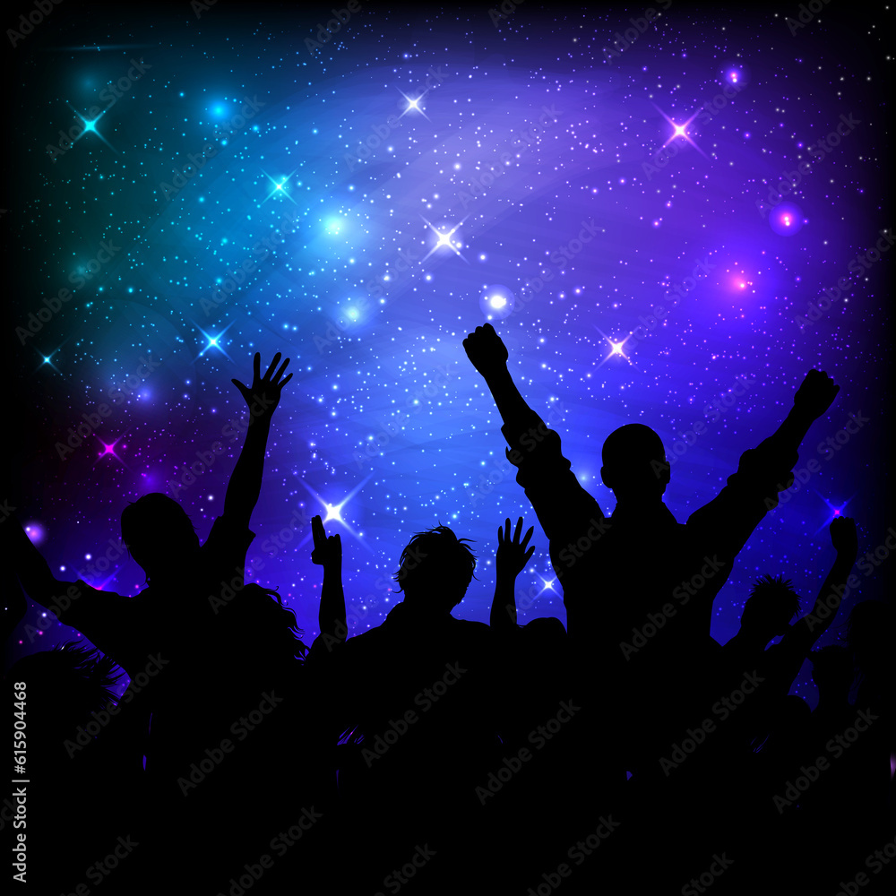 Silhouette of a party audience on a galaxy night sky