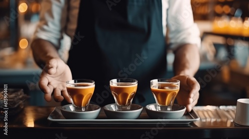 Waiter in black apron stretches a cup of coffee