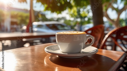 Cup of coffee in the morning. Bokeh background of street bar restaurant, outdoor. People sit chill out and hang out and listen to music together in avenue. Happy life.