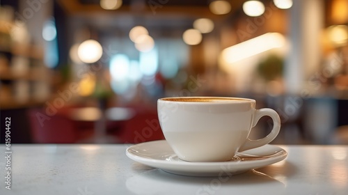 Steaming coffee cup in a vibrant cafe setting. Cappuccino on marble table. Coffeehouse ambience with warm lights.