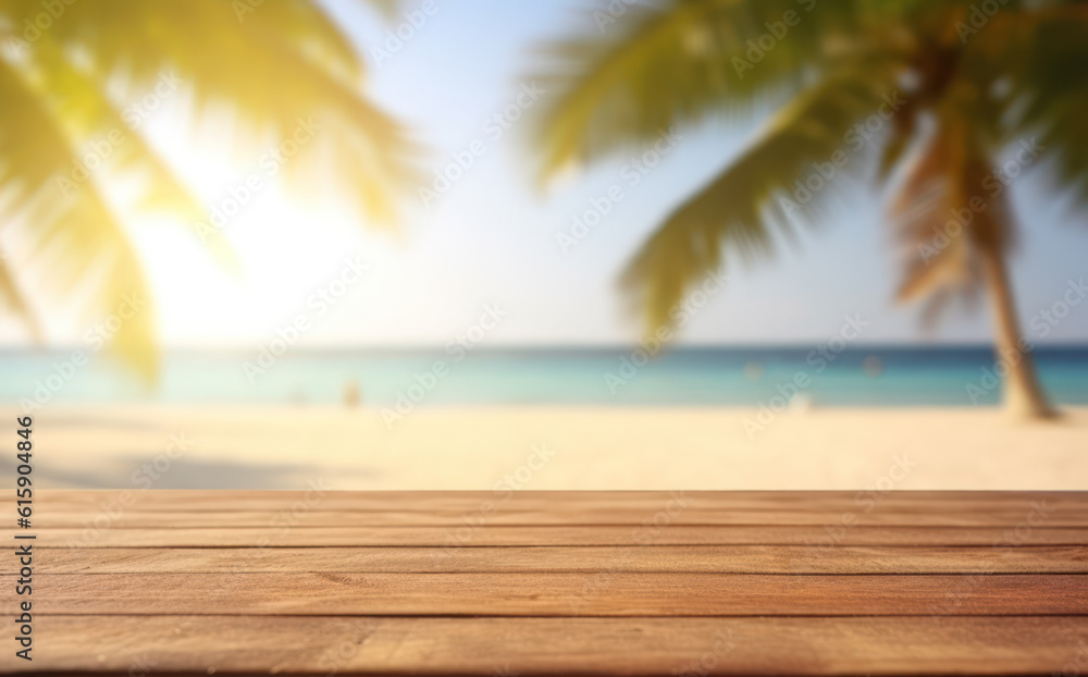 Empty wooden table on blurred tropical beach background Empty wooden table on blurred tropical beach background