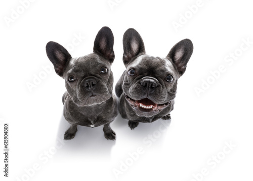 couple of curious french bulldog dogs looking up to owner waiting or sitting patient to play or go for a walk,  isolated on white background © Designpics