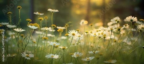 Wild summer field with daisy flowers. Illustration AI Generative.