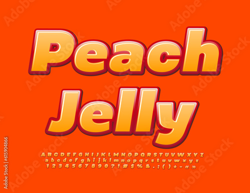 Vector sweet sign Peach Jelly. Glossy orange Font. Bright Alphabet Letters, Numbers and Symbols set