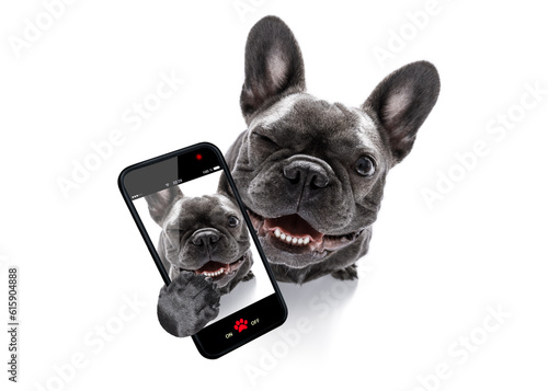 curious french bulldog dog looking up to owner taking a selfie or snapshot with mobile phone or smartphone © Designpics