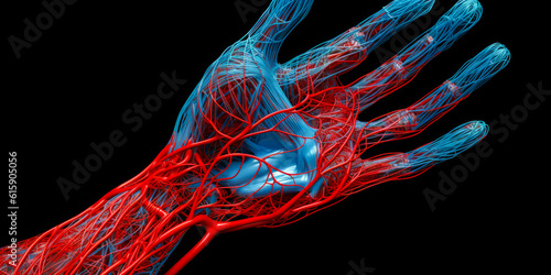 Captivating 3D close-up of human cardiovascular system with vivid red arteries and blue veins contrasting a monochrome background, evoking the body's intricate design. Generative AI photo