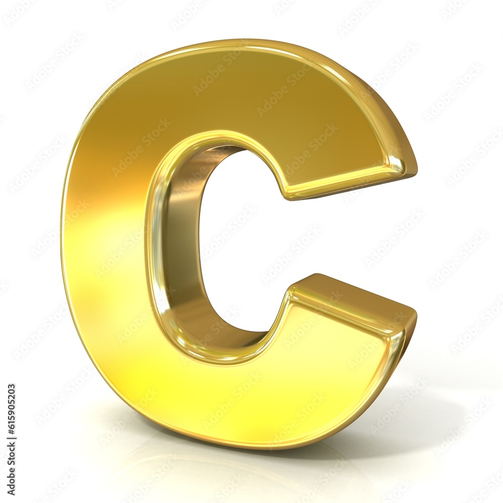 Golden font collection letter - C. 3D render illustration, isolated on white background. Golden font collection letter - C. 3D render illustration, isolated on white background.