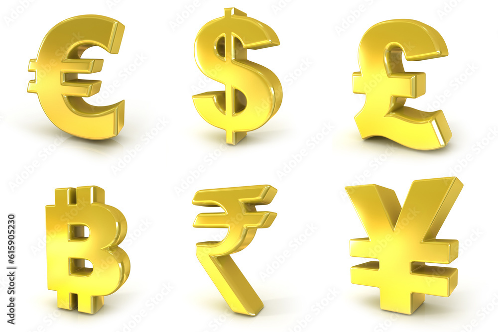 Currency golden signs. 3D render illustration isolated on white background Currency golden signs. 3D render illustration isolated on white background