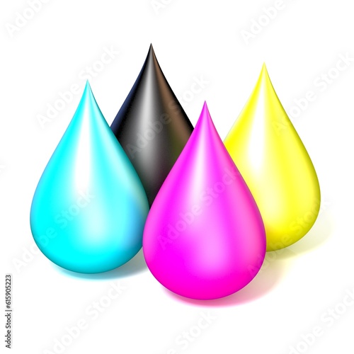 Four drops of printer ink. CMYK concept 3D rendering illustration isolated on white background