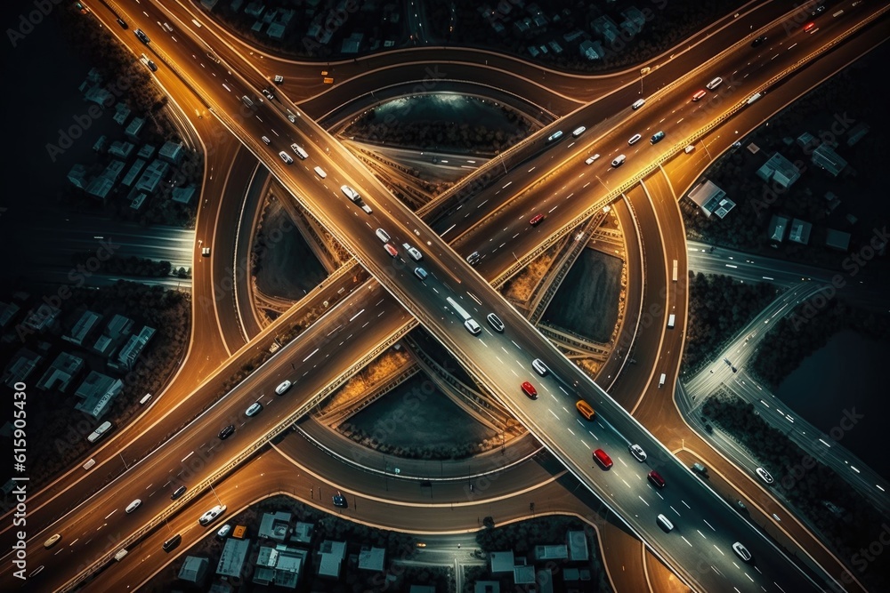 Aerial view of traffic on the road at night. Top view Aerial view of traffic on the road at night. Top view