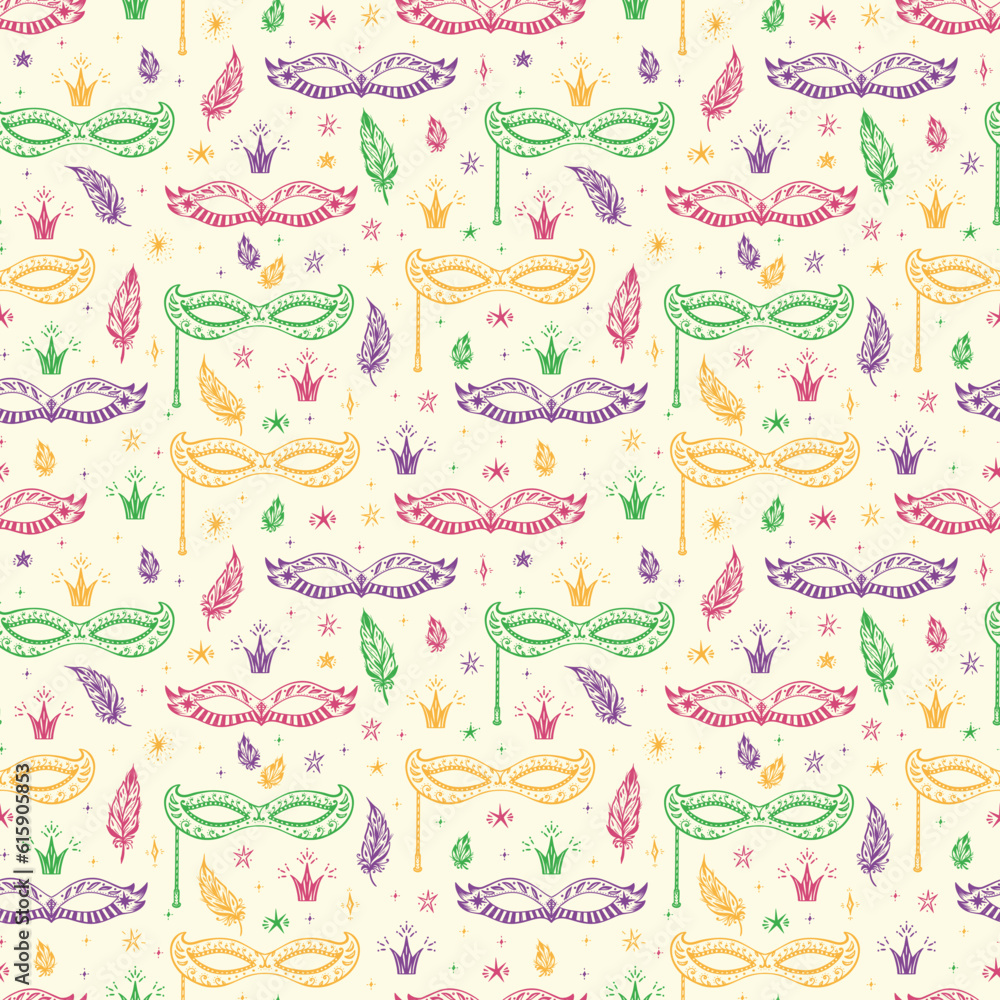 Holiday Vector background. Celebration Carnival Seamless pattern. Hand drawn Venetian Masquerade Mask, feathers and stars. Mardi Gras Party. Holiday Vector background. Celebration Carnival Seamless pattern. Hand drawn Venetian Masquerade Mask, feathers and stars. Mardi Gras Party.