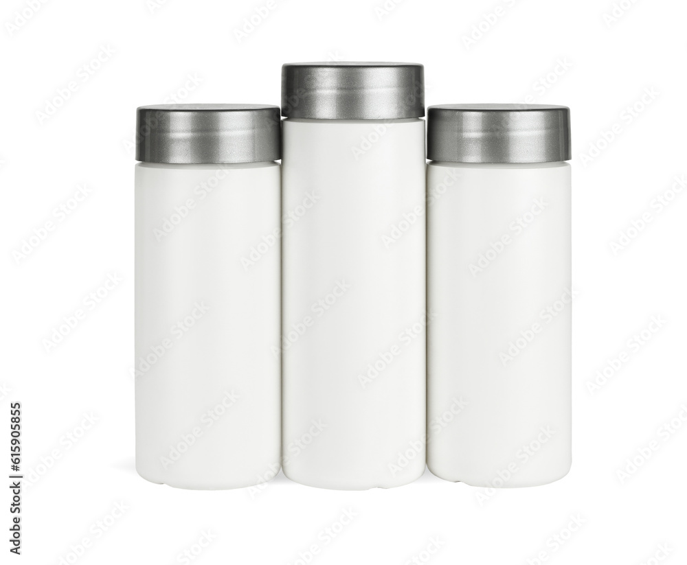 Row of Three Plastic Containers on White Background Row of Three Plastic Containers on White Background