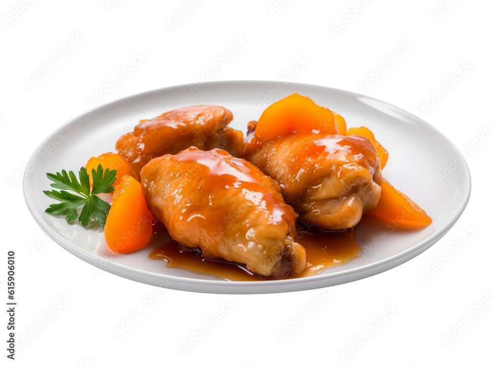 Apricot chicken on transparent background. Generative AI.