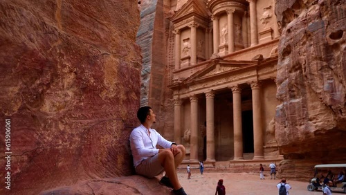 Young Man Enjoying The View On The Treasury In Petra, Jordan