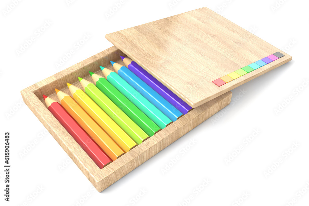 Fototapeta premium Wooden box with colorful pencils. 3D render illustration isolated on white background