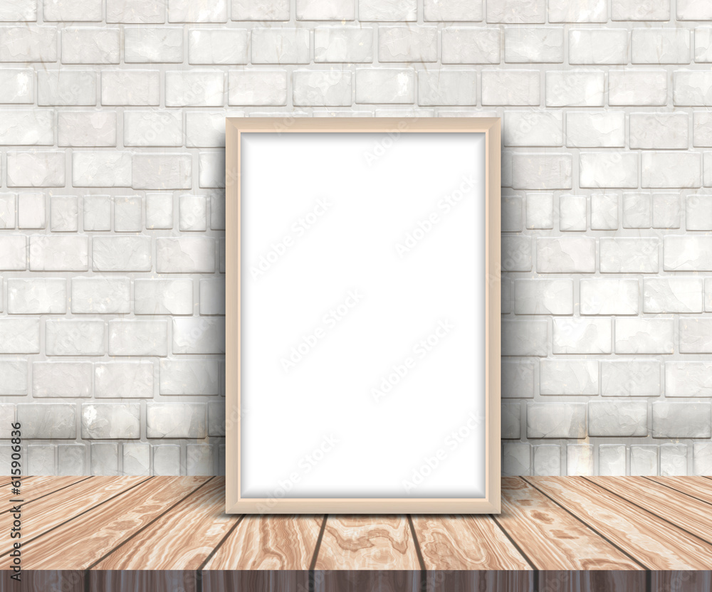 3D render of a blank picture frame on a wooden table leaning against a brick wall 3D render of a blank picture frame on a wooden table leaning against a brick wall
